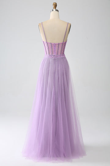 A-Line Lilac Spaghetti Straps Abito da ballo corsetto lungo